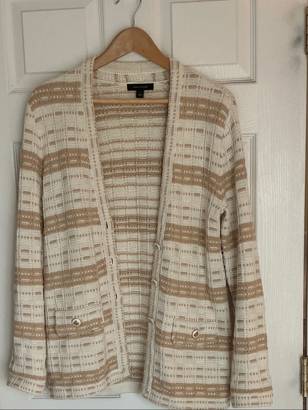 Ann Taylor Striped Open-Front Cardigan in Cream and Tan